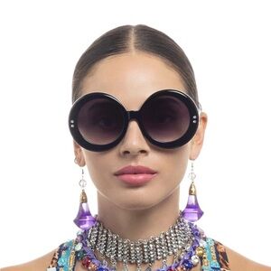 Camilla “Editor in Chief” black oversized round dramatic boho chic sunglasses